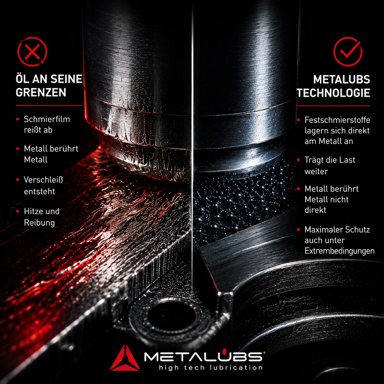 METALUBS MoS₂-Schutzfilm auf einer Metalloberfläche im Vergleich